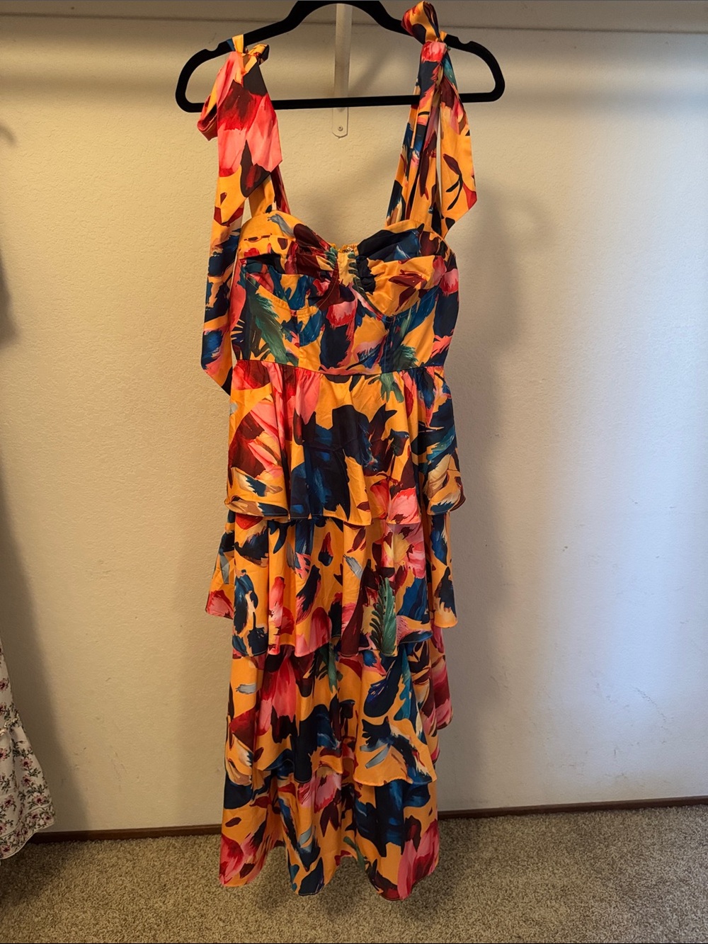 Tiered Maxi Sundress with Tropical Print in Yellow